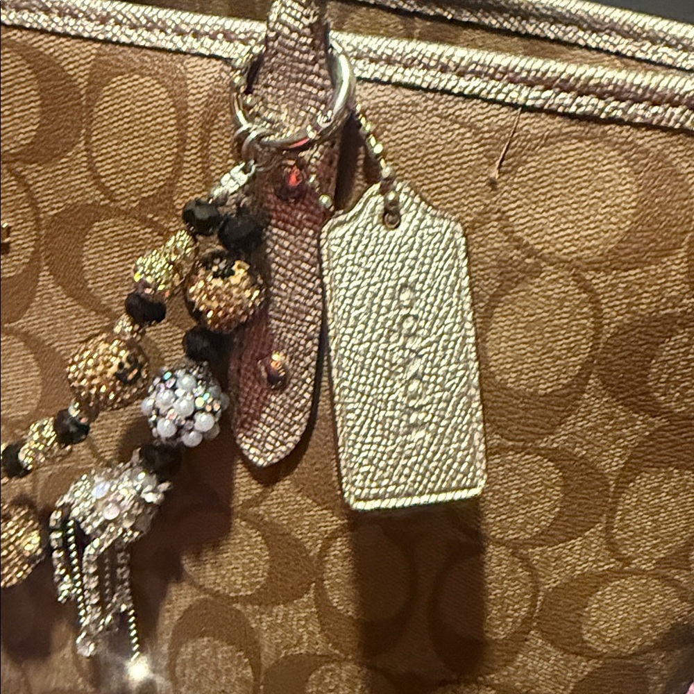 Coach Tan Signature Tote with Pink Scarf n bling chain - Picture 7 of 16